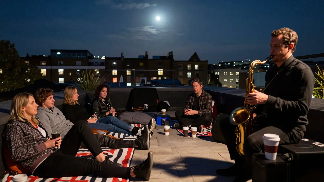 People enjoying free jazz on a rooftop at night, under stars, with coffee cups and city lights in background.