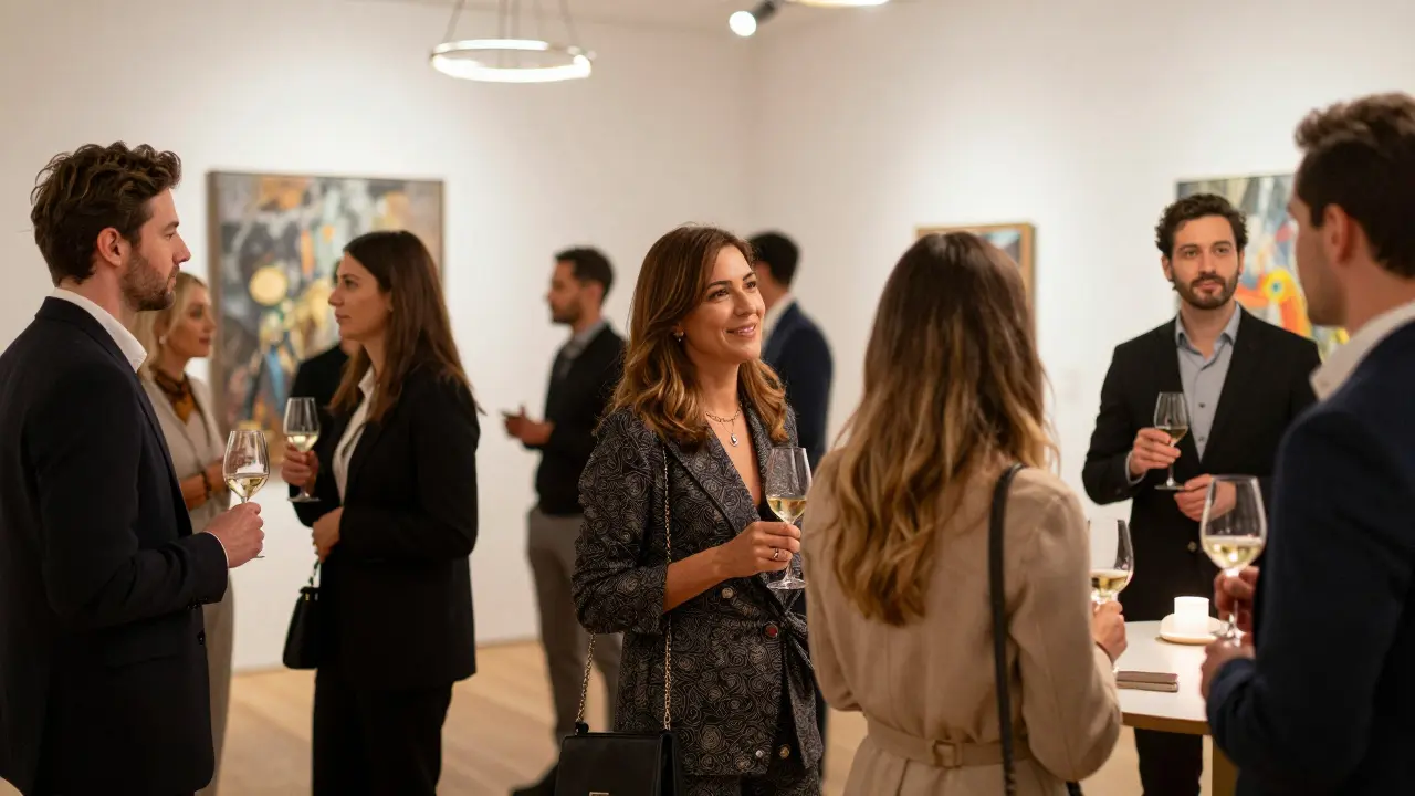 Professionals networking at an exclusive art gallery event.