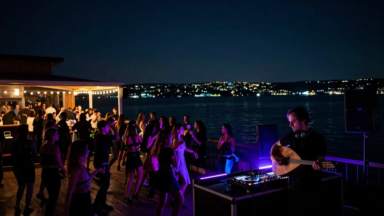 Reina nightclub on the waterfront with dancers, DJ, and Golden Horn views under starry skies.