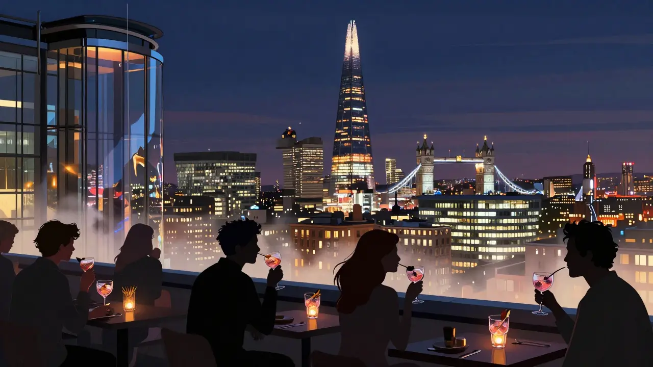 Rooftop bar at The Sky Garden with city skyline glowing below, patrons enjoying drinks under the stars, views of the Shard and Tower Bridge.
