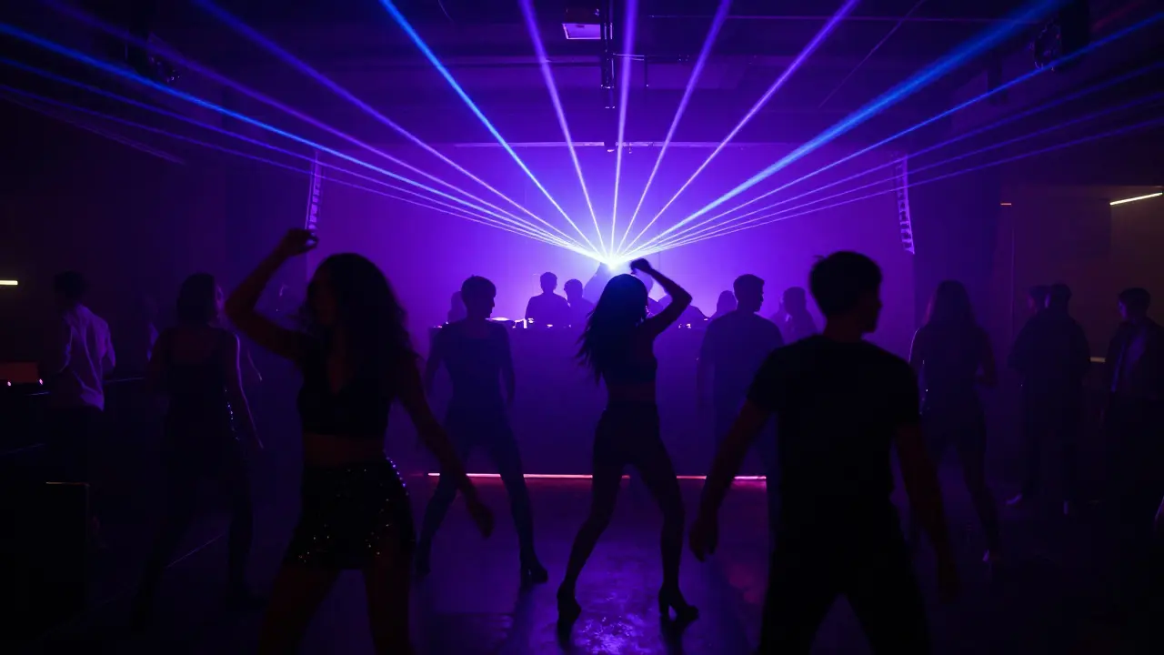 Silhouettes of stylish dancers in a Milan nightclub with purple laser lighting.