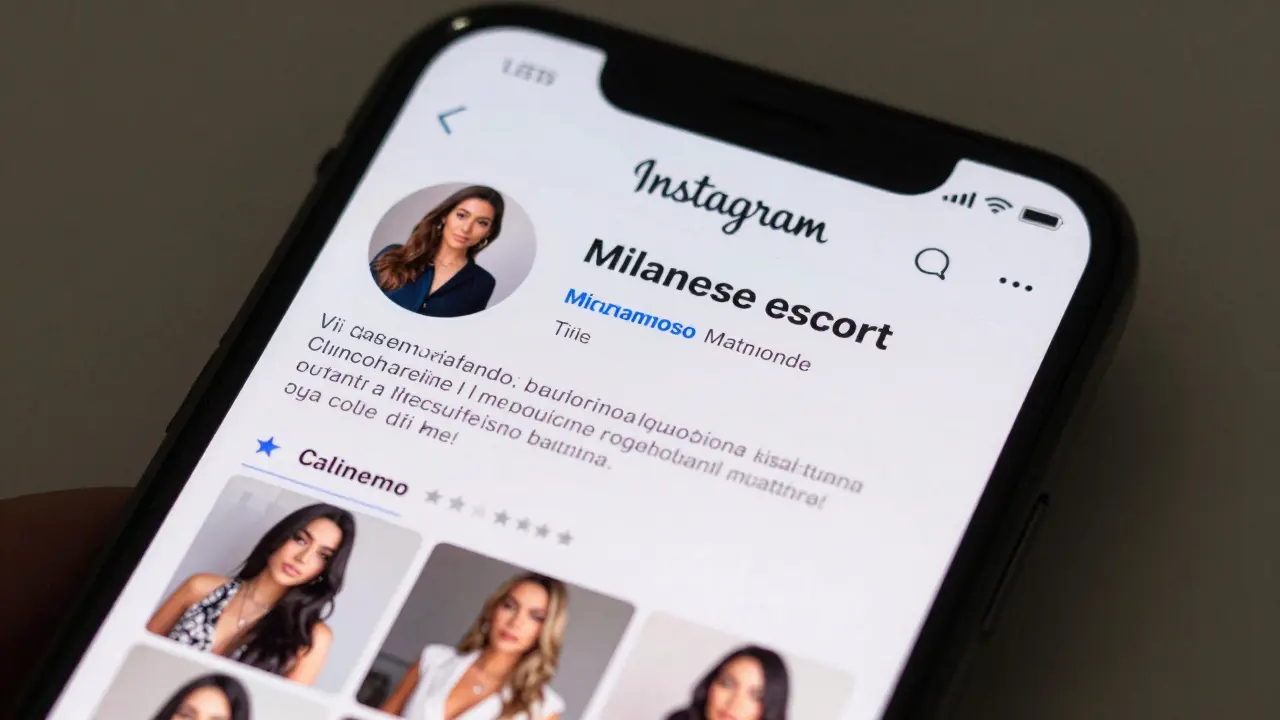 Smartphone screen displaying a verified social media profile with authentic photos and client reviews.