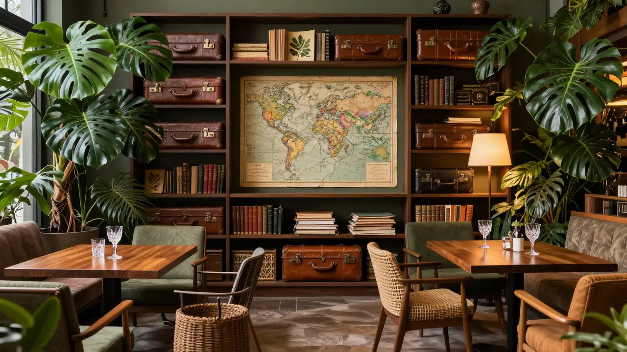 Tropical themed bar interior featuring vintage luggage shelves and exotic plants.