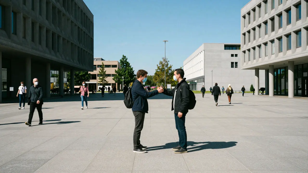 Two people meeting safely in public daylight plaza.