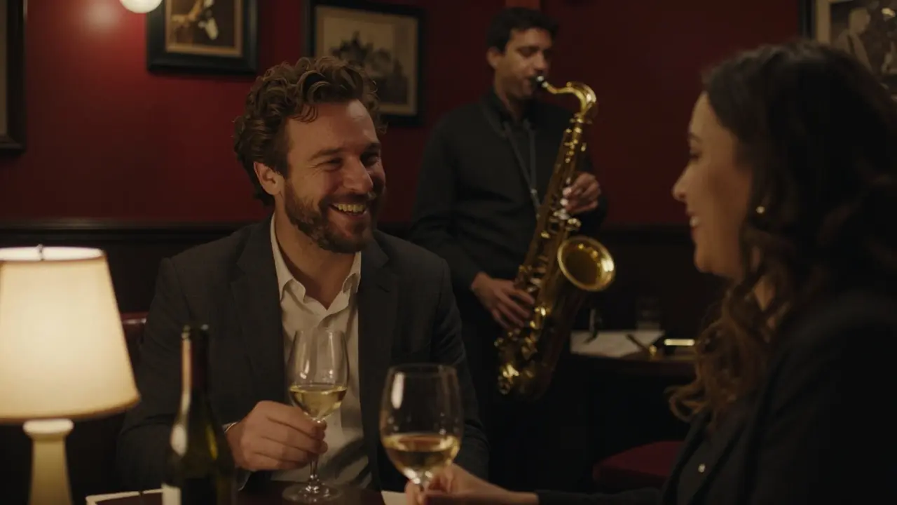 Two people share a quiet laugh in a warm, intimate Brixton jazz club at night.