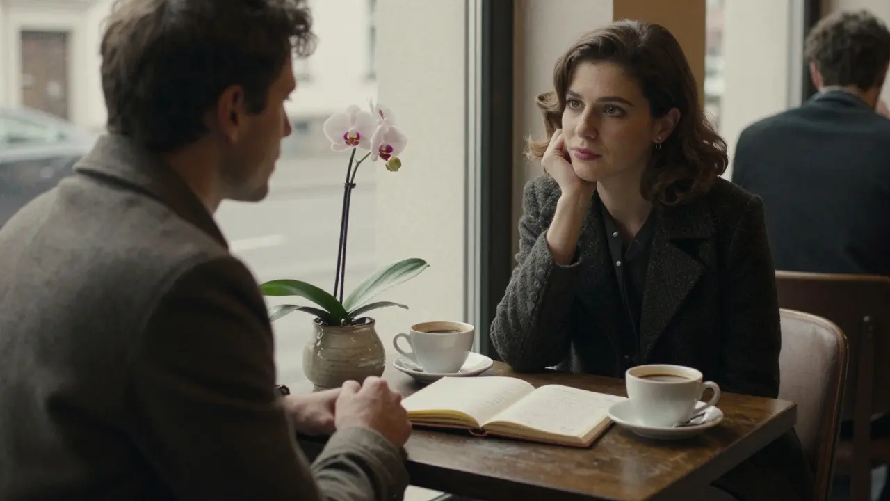 Two people sit in a quiet Dahlem café, no devices, just coffee and a single orchid between them.