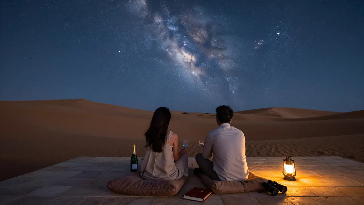 Two people sit peacefully under a starlit desert sky at a remote terrace, sharing champagne as moonlight bathes the dunes in silence.