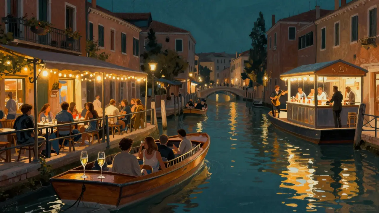 Vibrant Navigli canals alive with string lights, floating bars, and live jazz under the night sky.