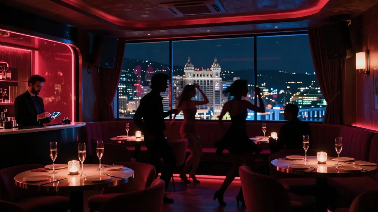 Vibrant nightclub scene at Rockerfeller with neon lights, dancers, and VIP tables overlooking Monte Carlo’s skyline.