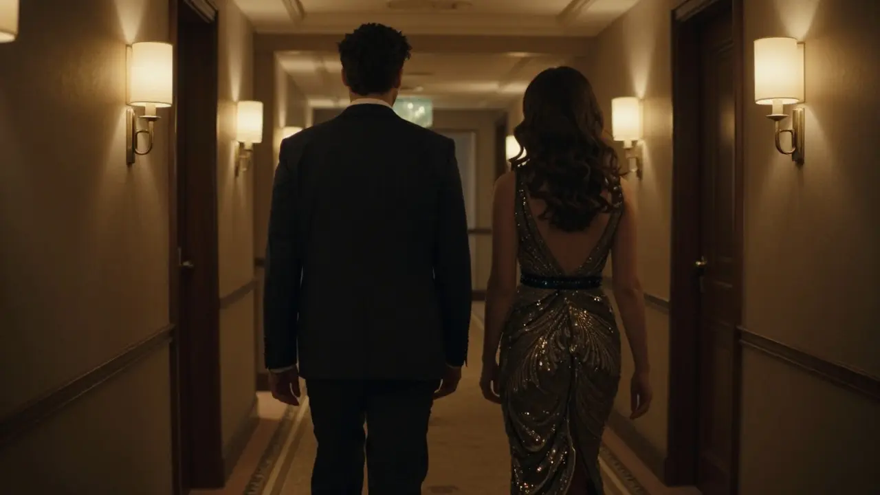 An elegant couple walking discreetly through a lavishly decorated hotel corridor.