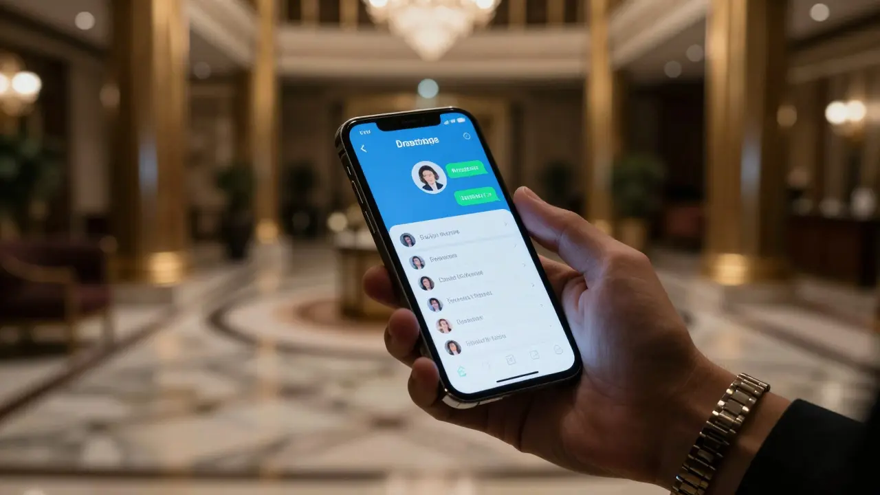 Close-up of a person using an encrypted app on a smartphone in a luxury hotel lobby.