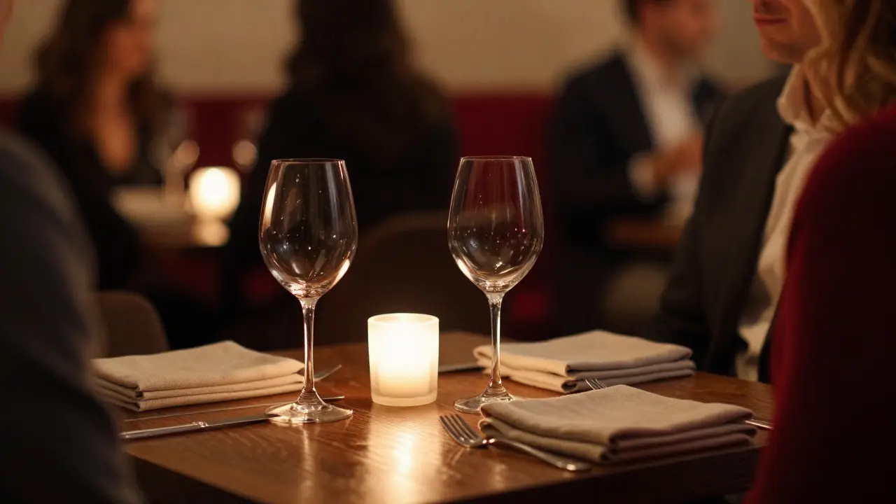 Close up of wine glasses on a romantic dinner table.