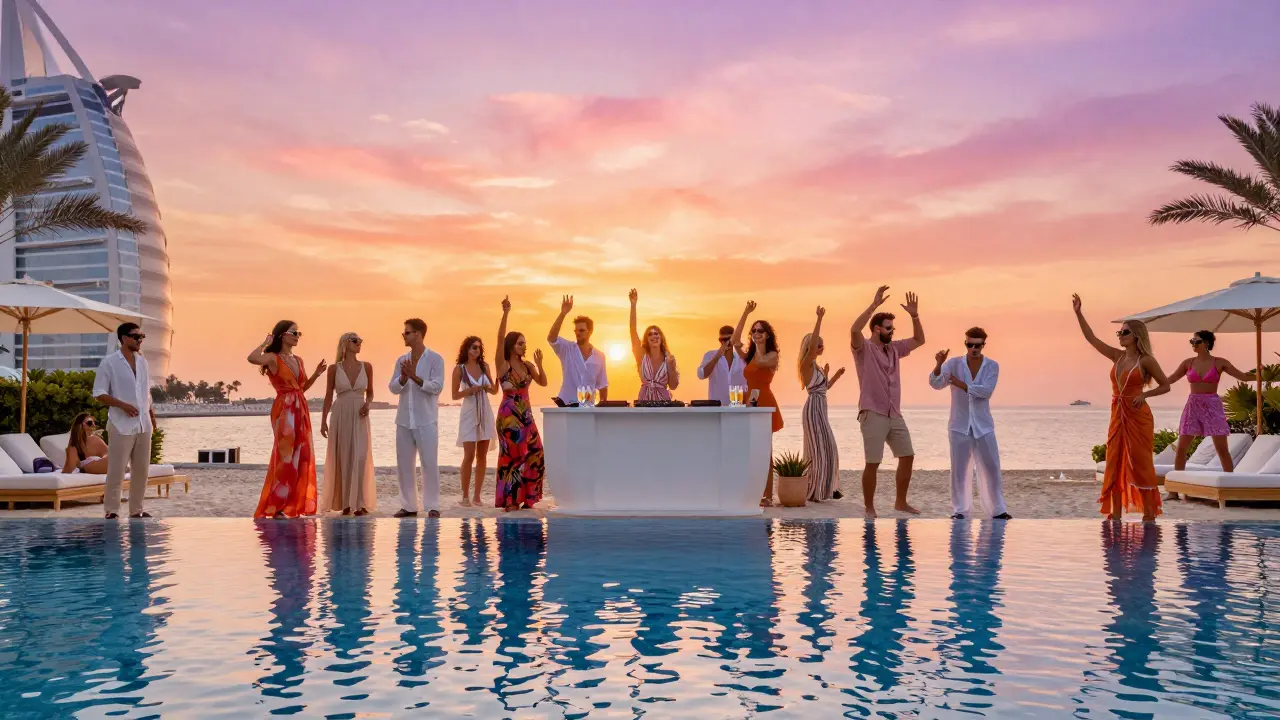 Fashionable crowd enjoying a sunset party at a luxury beach club on Palm Jumeirah