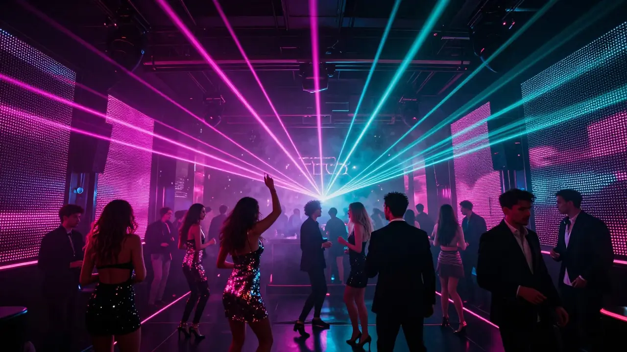 High-energy nightlife scene in a Dubai club with neon lasers and people in glamorous evening wear