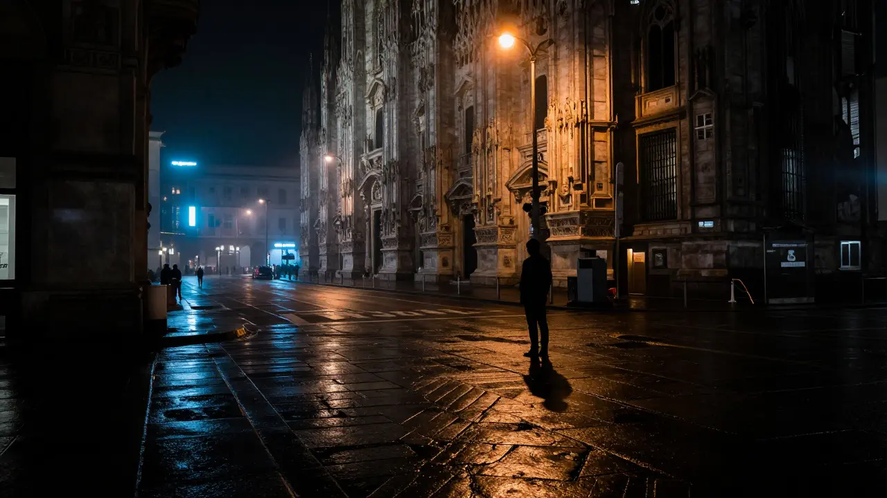 Shadowy street corner in Milan at night with lone figure.